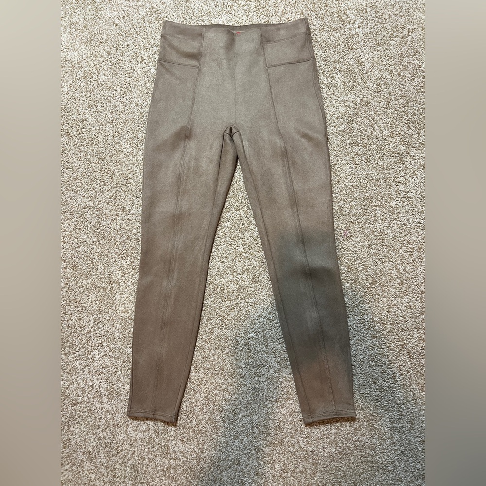 SPANX Faux Suede High Rise Leggings Taupe Brown Stretch Pants Size L